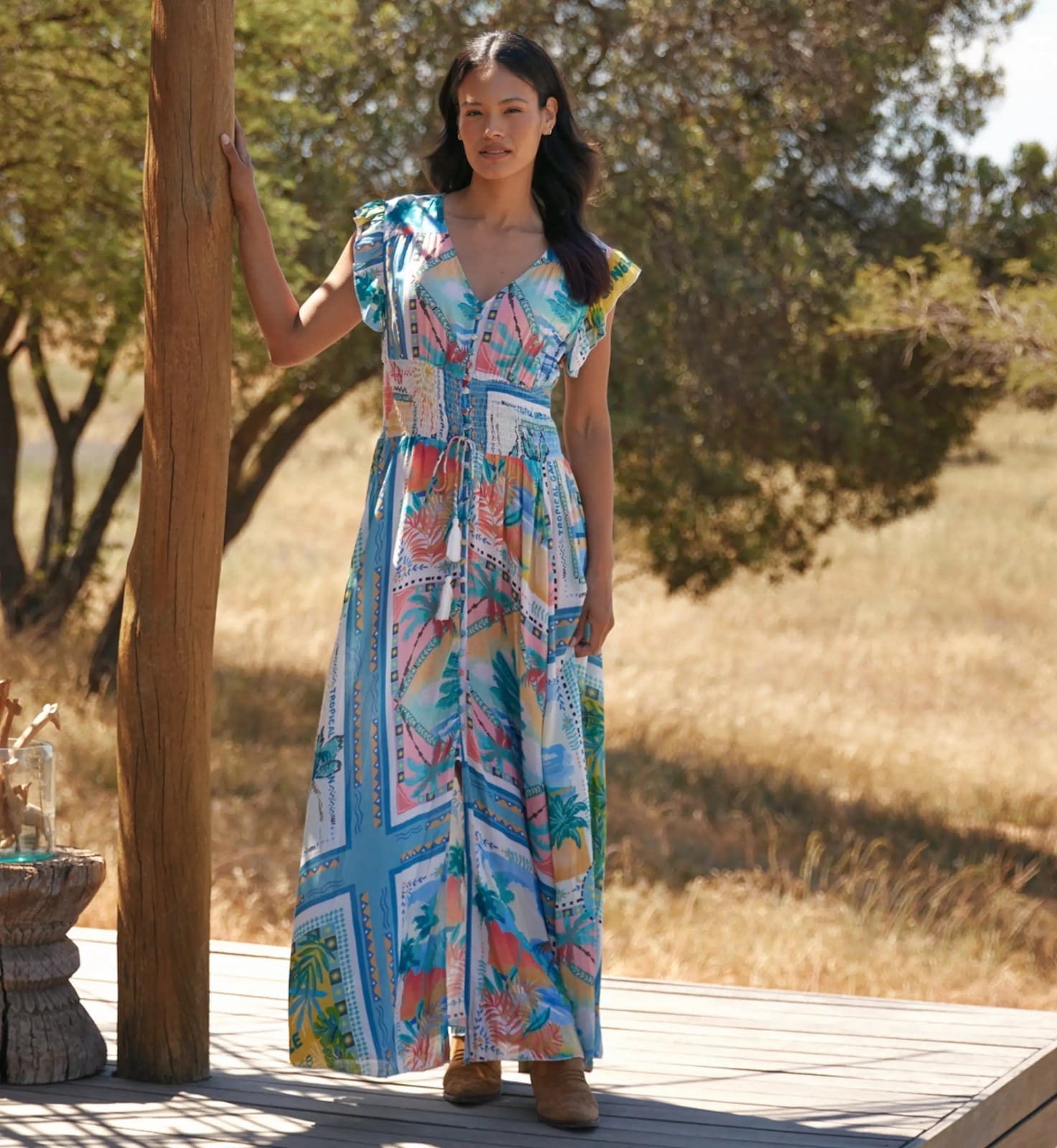 Maxi Dress Multicolored Tropical Print Button Details Maxi Dress Multicolored Tropical Print Button Details — Classy Tropical Outfits