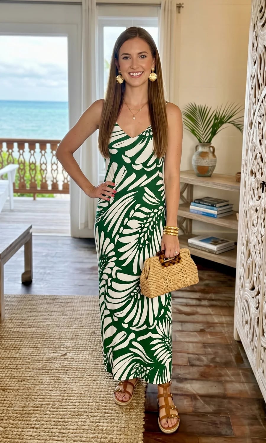 Green Maxi Dress With White Tropical Leaf Print Green Maxi Dress With White Tropical Leaf Print — Classy Tropical Outfits