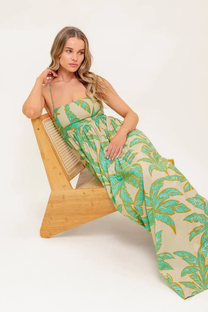 Beige Maxi Dress Green Palm Leaf Print With Lightweight Fabric Beige Maxi Dress Green Palm Leaf Print With Lightweight Fabric — Classy Tropical Outfits