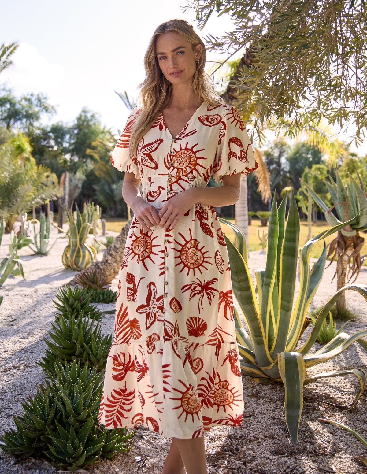 Cream Midi Dress Red Seashell Leaf Print Cream Midi Dress Red Seashell Leaf Print — Classy Tropical Outfits