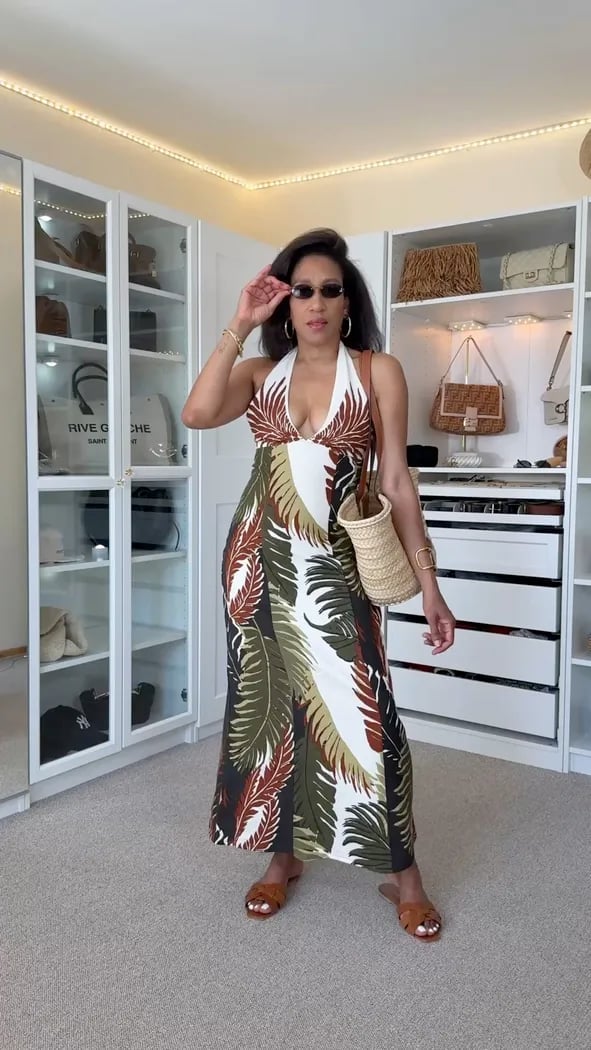 Halter Neck Maxi Dress Green Brown Leaf Print Halter Neck Maxi Dress Green Brown Leaf Print — Classy Tropical Outfits