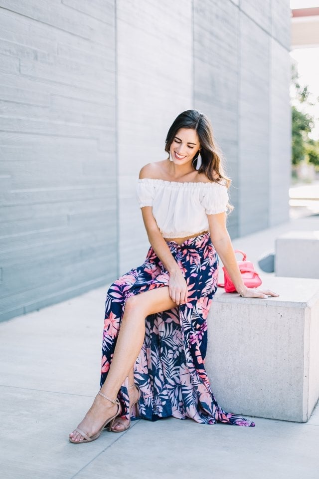 Off Shoulder Crop Top Navy Maxi Skirt Tropical Print Off Shoulder Crop Top Navy Maxi Skirt Tropical Print — Classy Tropical Outfits