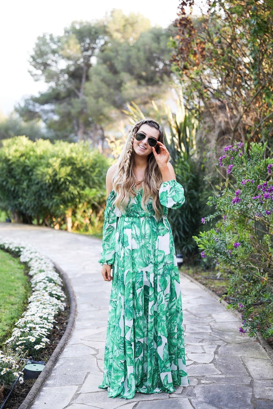 Cold Shoulder Maxi Dress Green White Tropical Leaf Print, Sunglasses Cold Shoulder Maxi Dress Green White Tropical Leaf Print, Sunglasses — Classy Tropical Outfits