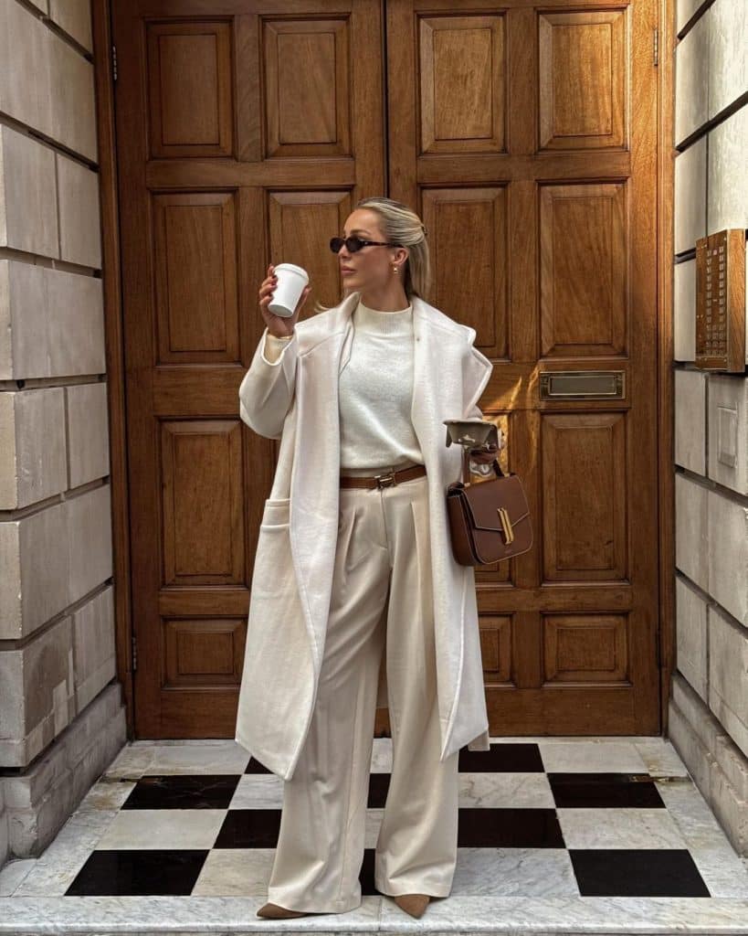Long Cream Coat with Wide Leg Trousers — Classy Under Outfits