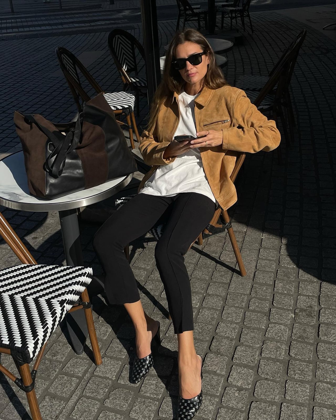 Tan Suede Jacket Over White T-Shirt and Black Pants — Classy Under Outfits