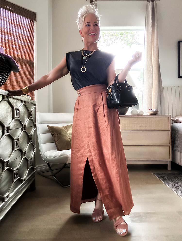 Black Top with Rust Orange Linen Skirt — Classy Under Outfits