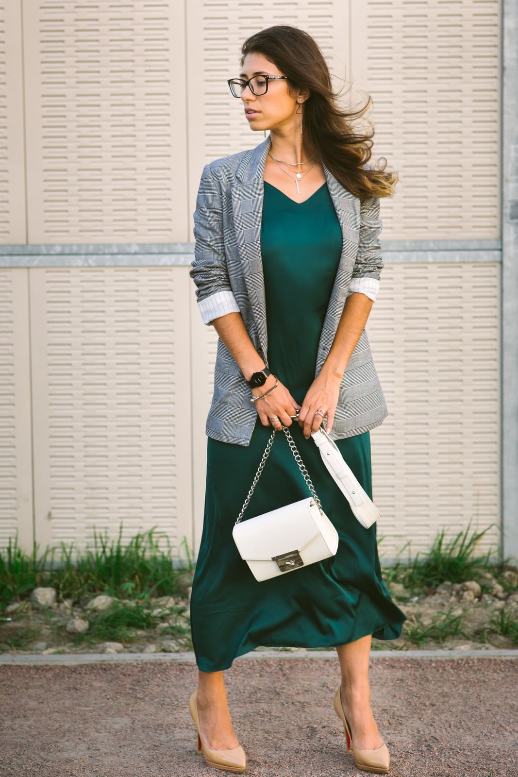 Gray Plaid Blazer Over Emerald Green Slip Dress — Classy Under Outfits