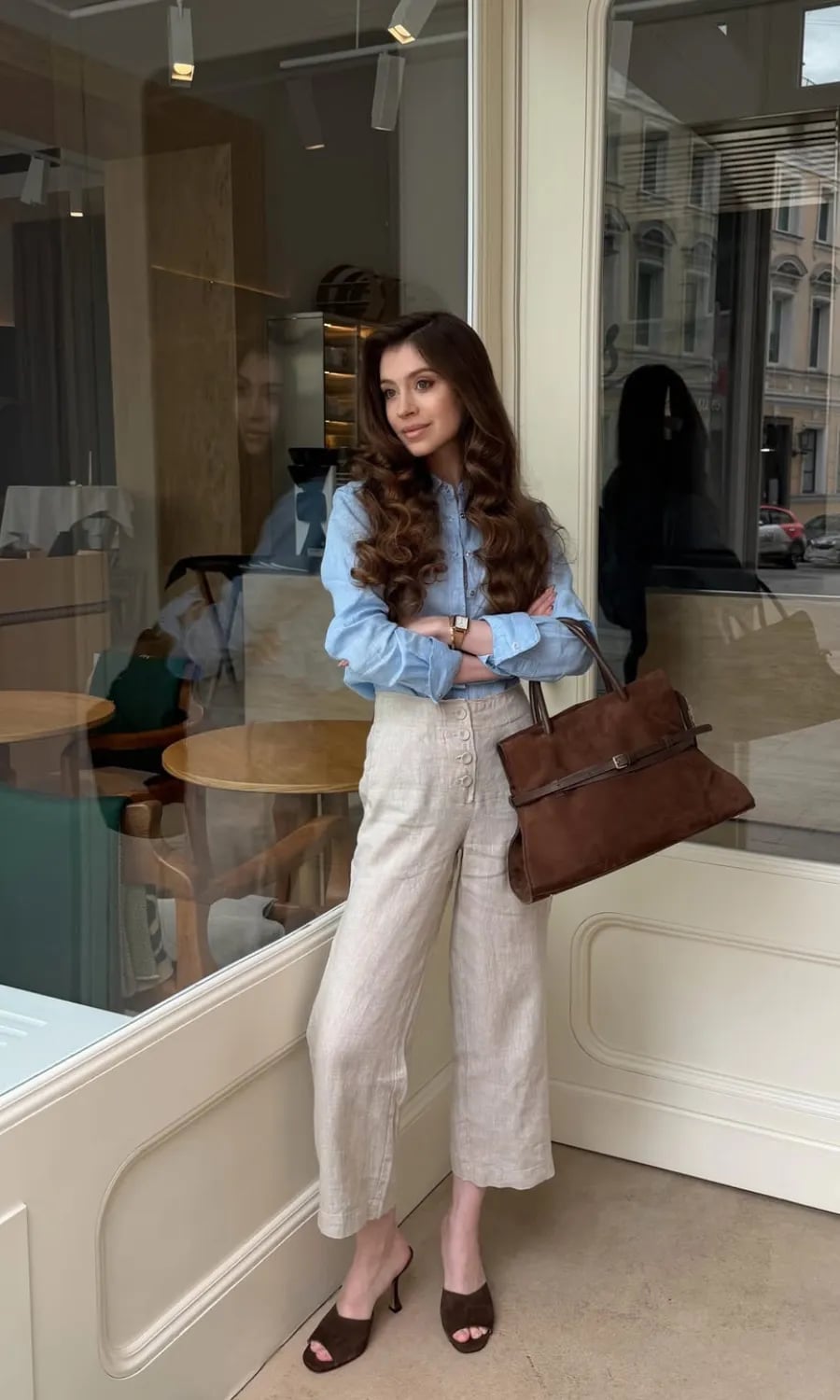 Light Blue Shirt with Beige Linen Wide-Leg Pants — Classy Under Outfits
