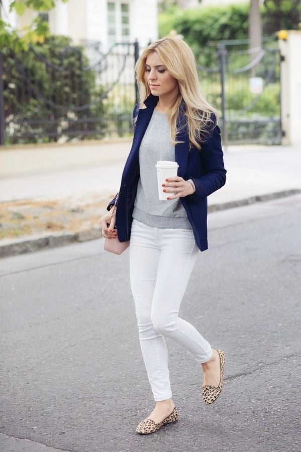 Navy Blazer Over Gray Sweater and White Jeans — Classy Under Outfits
