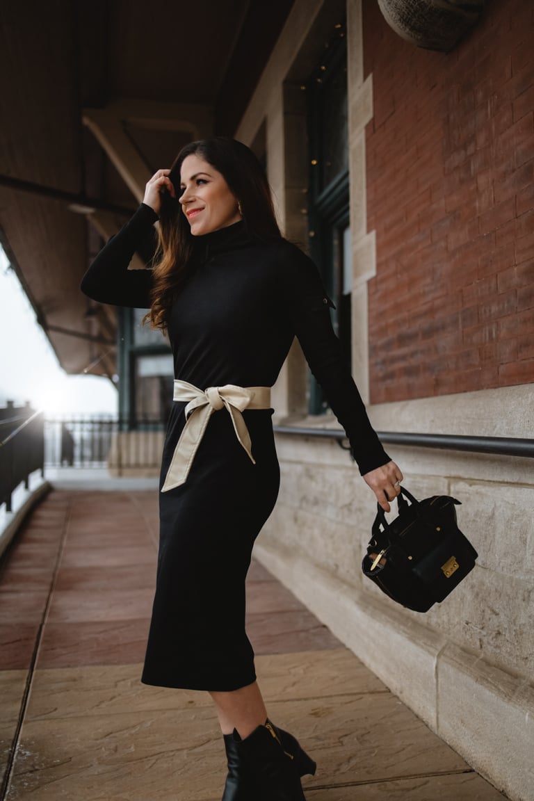 Black Turtleneck Dress with Cream Bow Belt — Classy Under Outfits