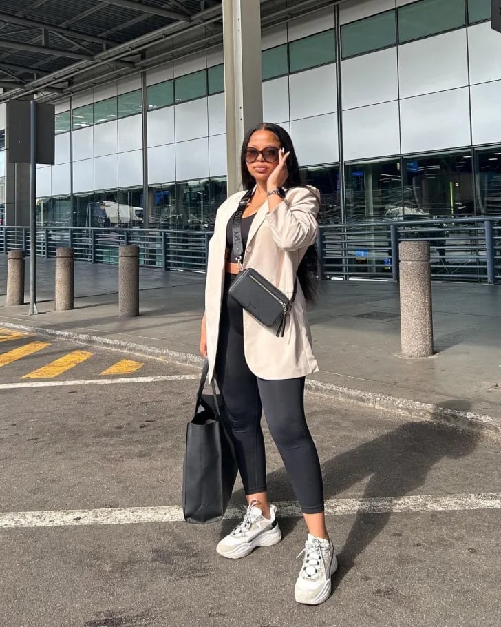 Beige Oversized Blazer with Black Leggings — Classy Under Outfits
