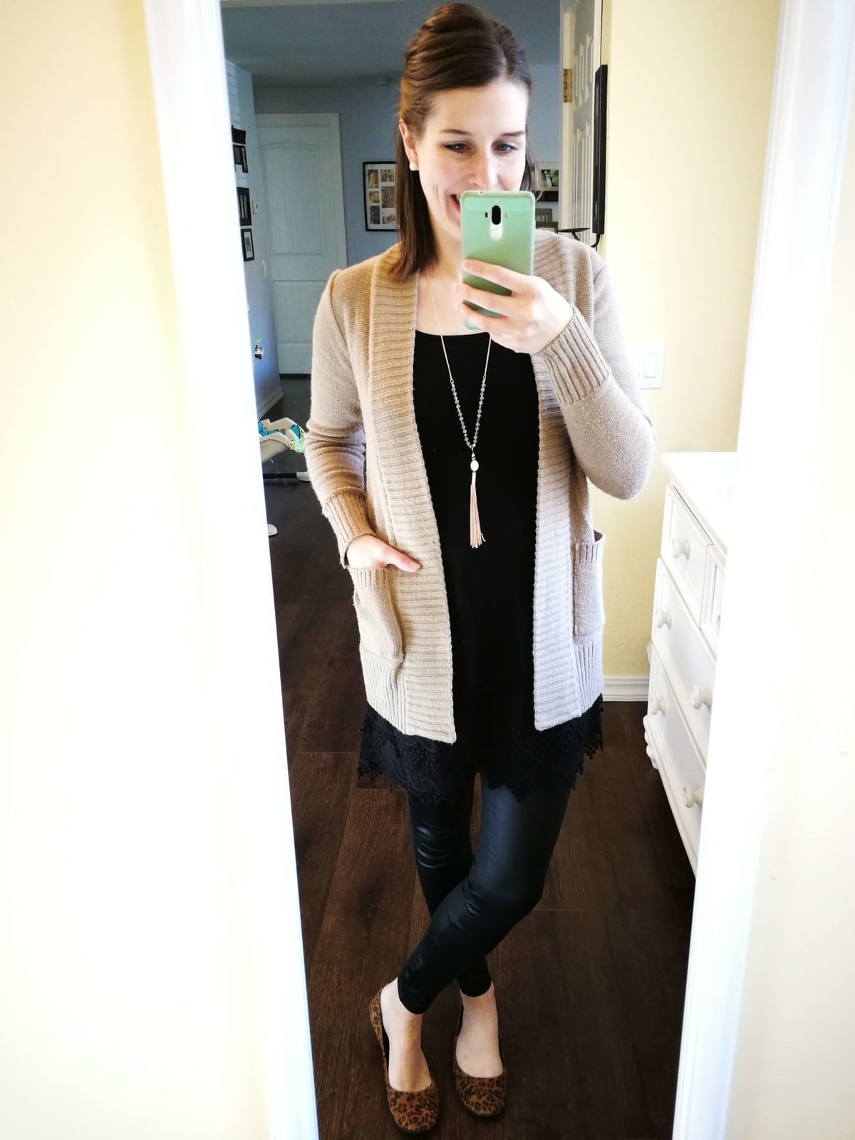 Beige Cardigan Over Lace Trim Top and Leather Leggings — Classy Under Outfits