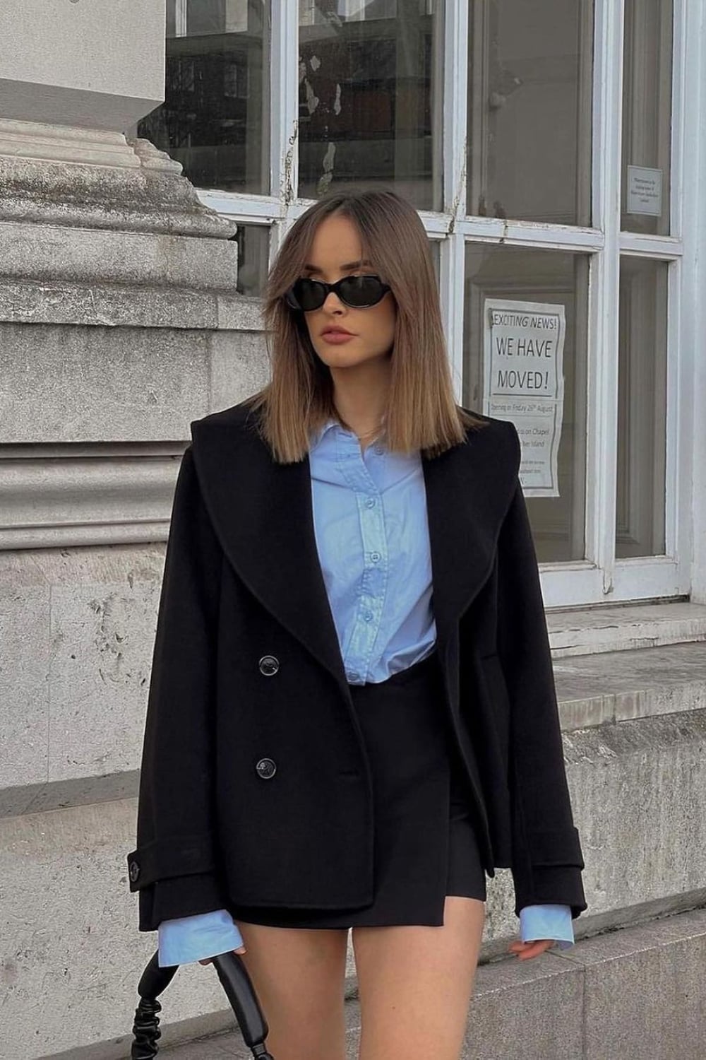 Oversized Jacket Over Blue Shirt and Mini Skirt — Classy Under Outfits