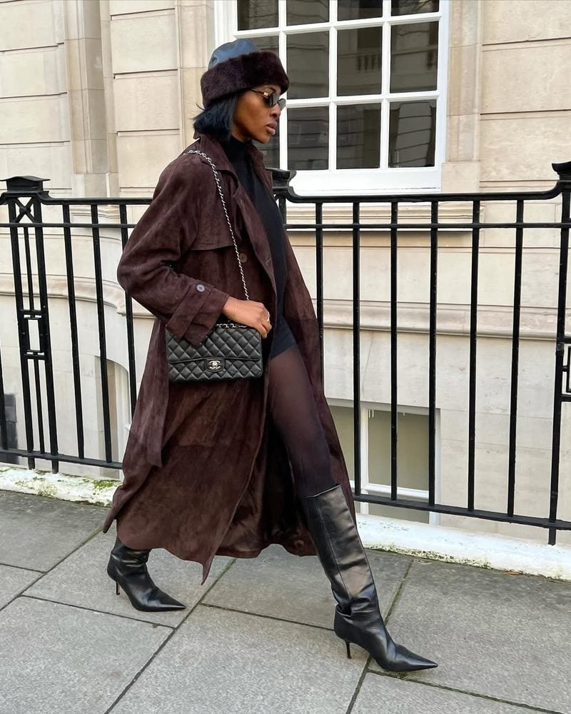 Deep Brown Suede Coat with Black Turtleneck — Classy Under Outfits
