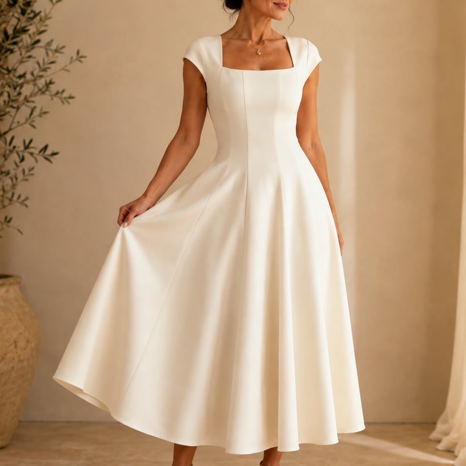 Elegant Ivory Satin Midi Dress Daytime Event Elegant Ivory Satin Midi Dress Daytime Event — Classy Up Dress