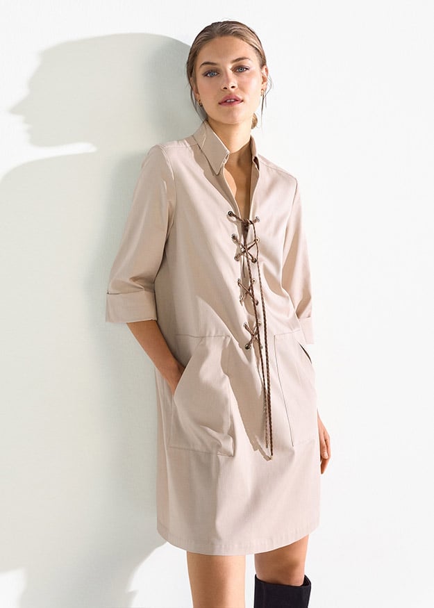 Beige Cotton Shirt Dress Casual Chic Beige Cotton Shirt Dress Casual Chic — Classy Up Dress