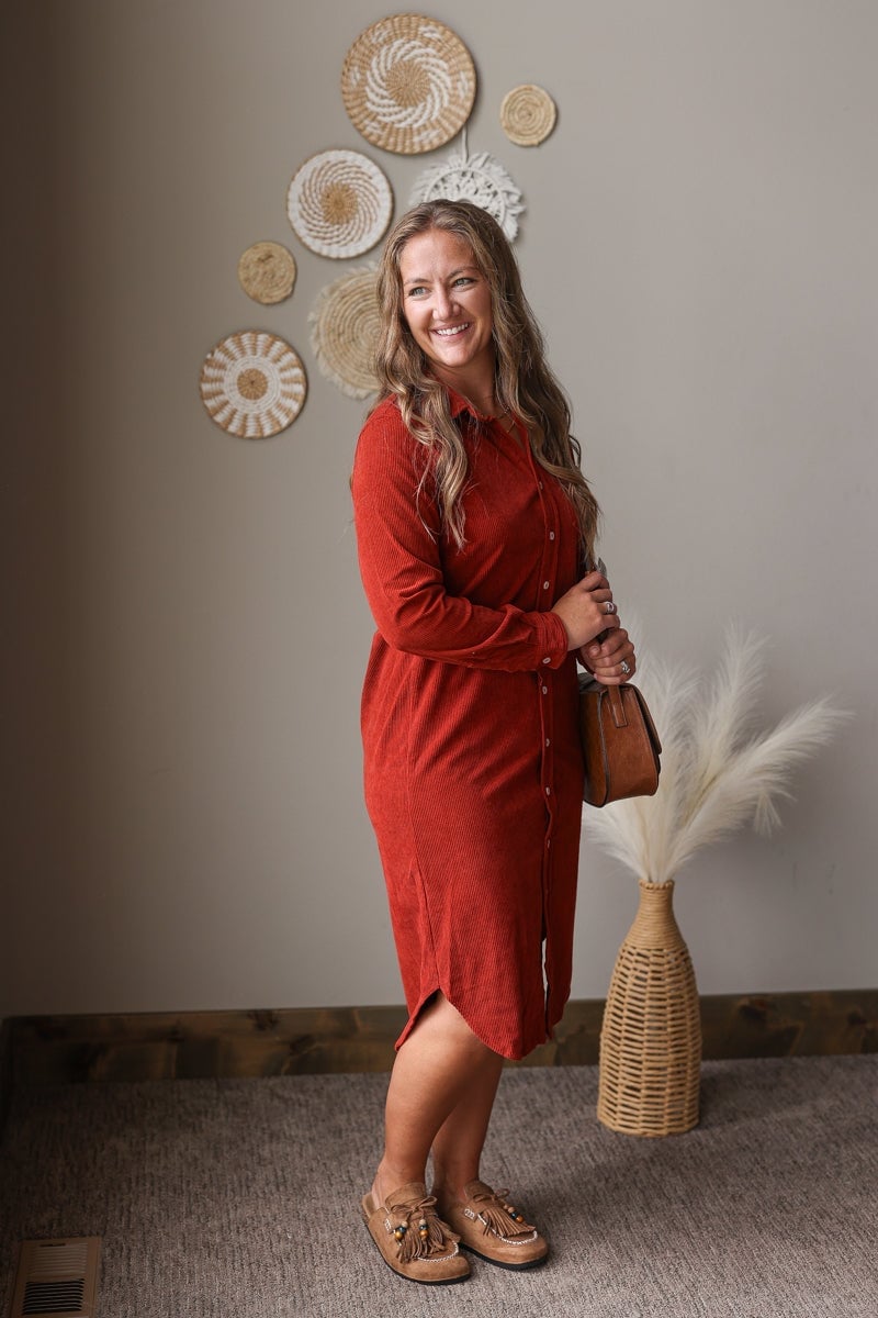 Rust Corduroy Dress Casual Button Front Rust Corduroy Dress Casual Button Front — Classy Up Dress