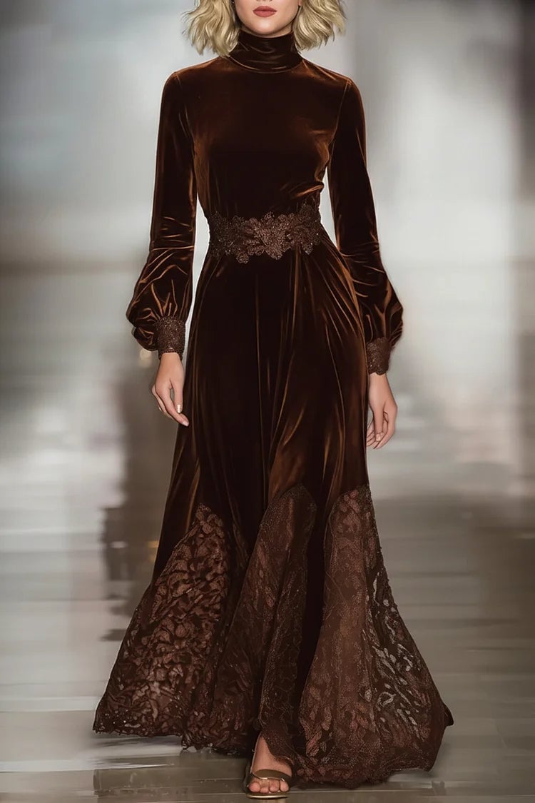 Deep Brown Velvet Turtleneck Dress Evening Glamour Classy Up Dress