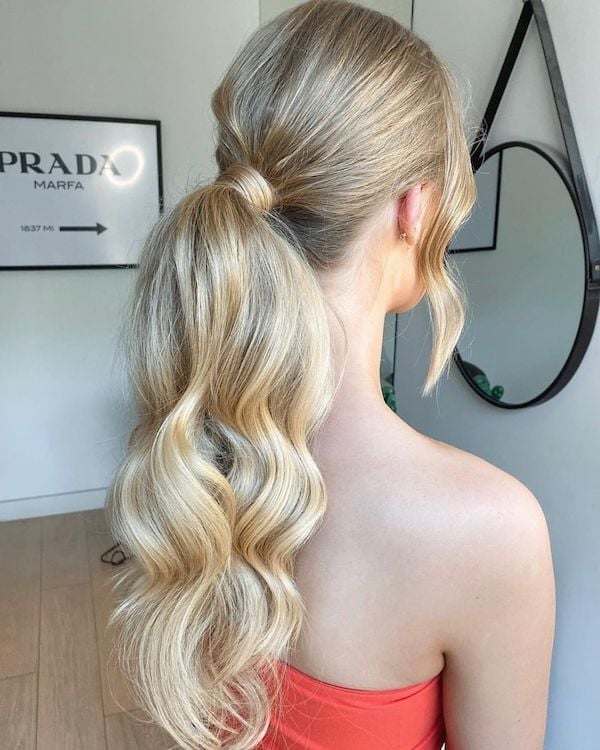 Ash Blonde Ponytail With Textured Waves Ash Blonde Ponytail With Textured Waves — Classy Updo Ponytail