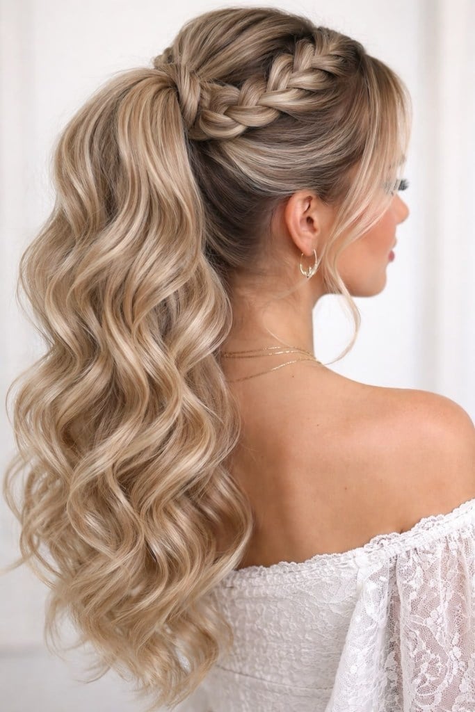 Voluminous Blonde Ponytail With Crown Braid Voluminous Blonde Ponytail With Crown Braid — Classy Updo Ponytail