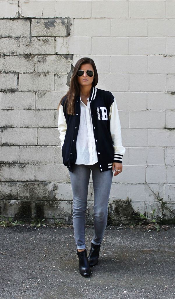 Navy and White Varsity Jacket with Button-Down Shirt and Skinny Jeans — Classy Varsity Jacket Outfits