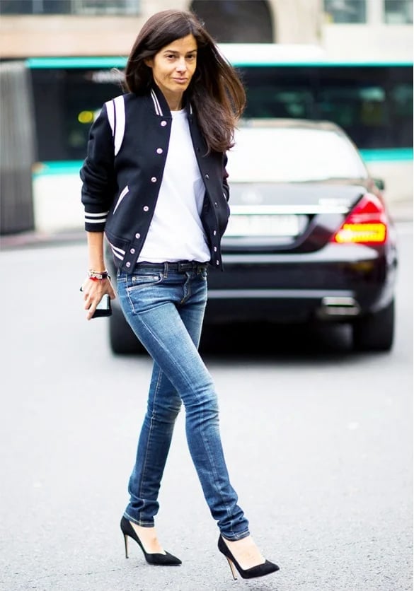 Black and White Varsity Jacket with T-Shirt and Skinny Jeans — Classy Varsity Jacket Outfits