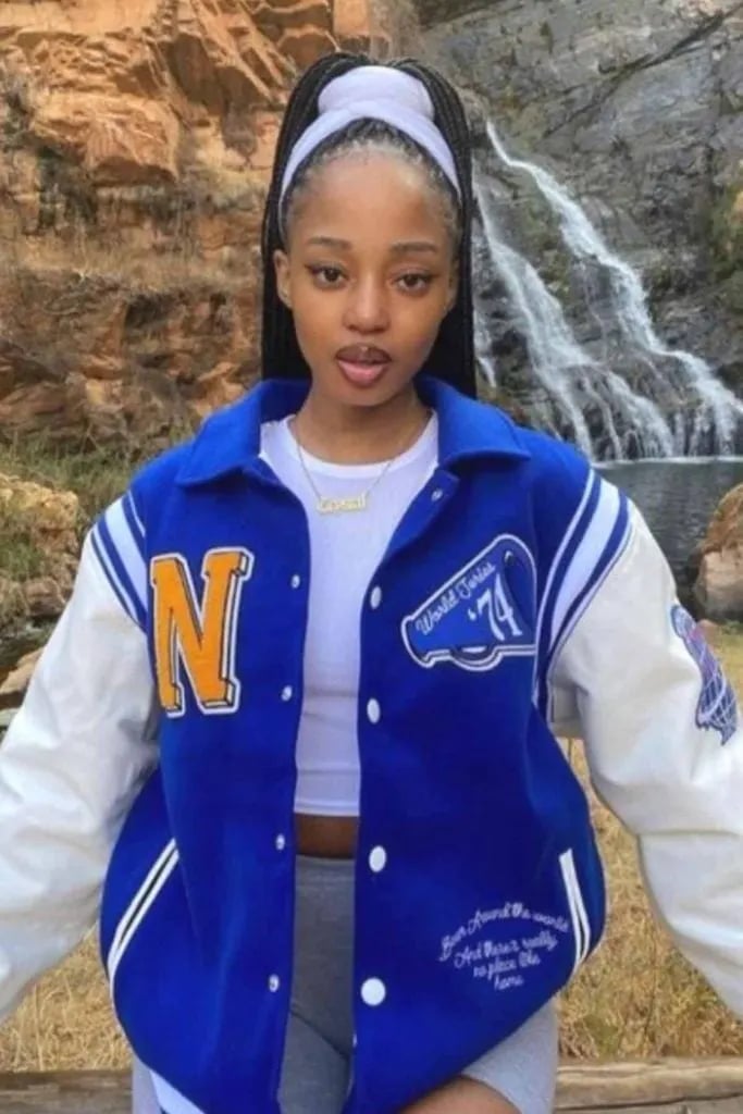 Blue and White Varsity Jacket with Patches and Crop Top — Classy Varsity Jacket Outfits