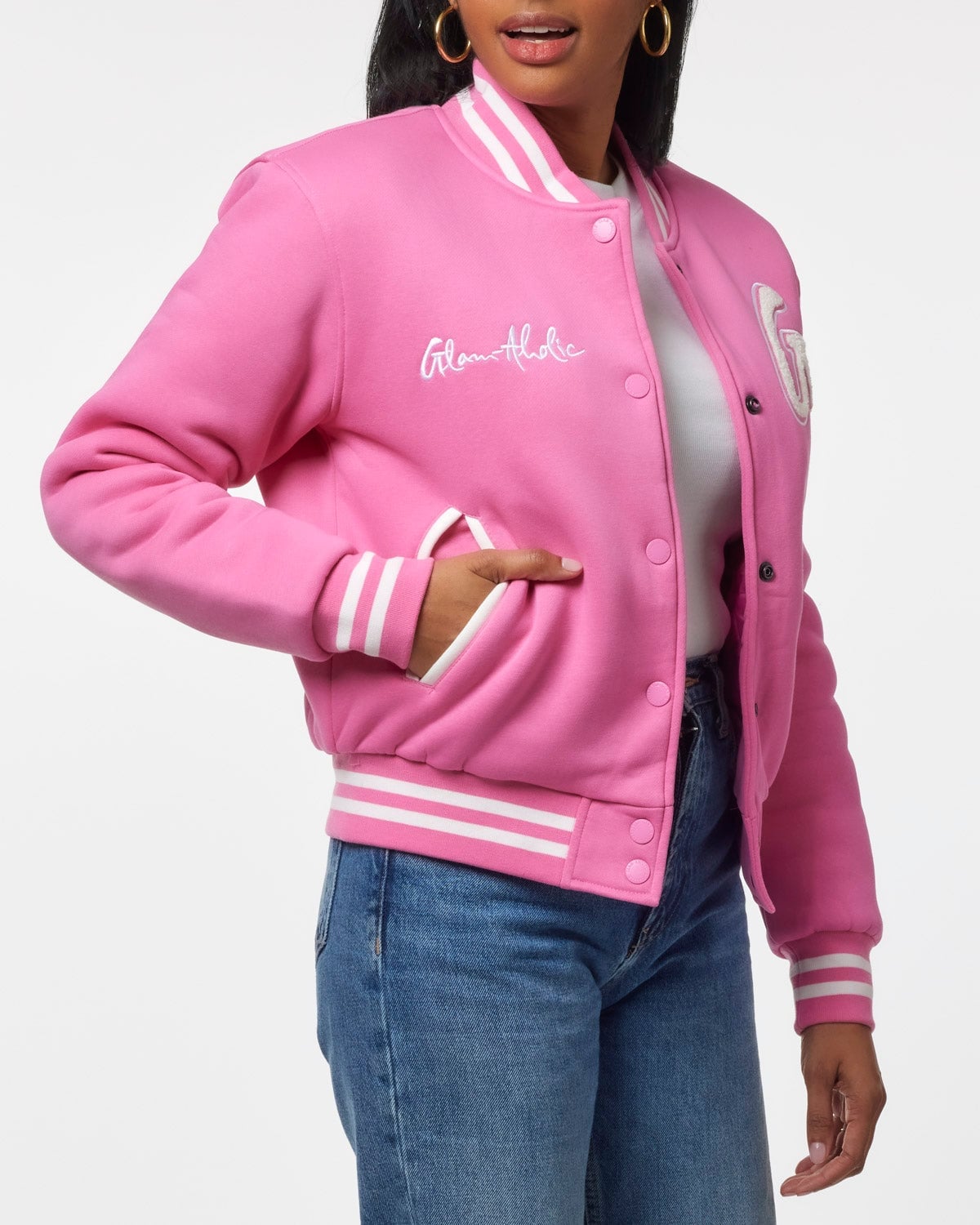 Bright Pink Fleece Varsity Jacket with Blue Jeans — Classy Varsity Jacket Outfits