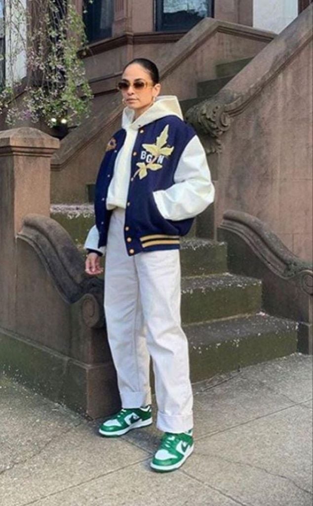 Navy and Cream Varsity Jacket with Hoodie and Cream Trousers — Classy Varsity Jacket Outfits