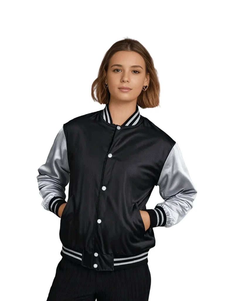 Black Varsity Jacket with Silver Satin Sleeves — Classy Varsity Jacket Outfits