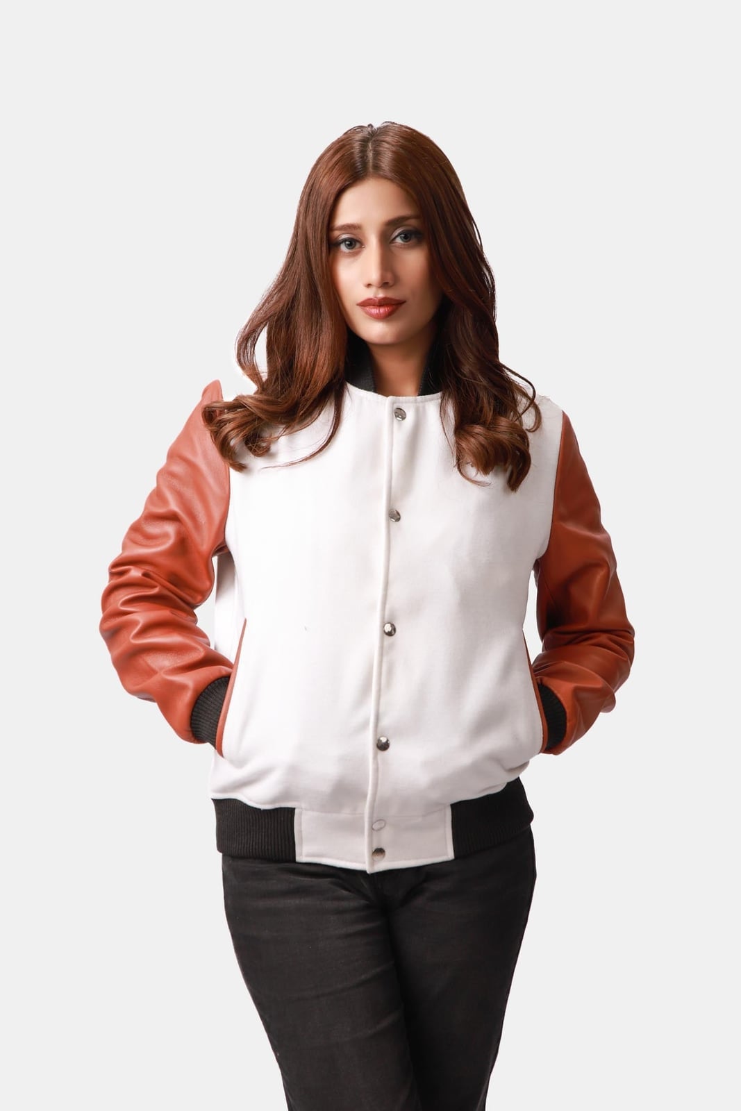 White Varsity Jacket with Brown Leather Sleeves — Classy Varsity Jacket Outfits