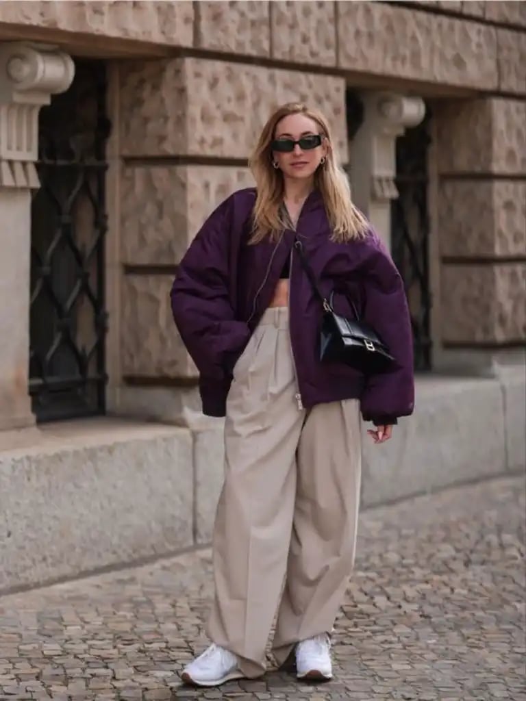 Oversized Purple Bomber Jacket with Beige Trousers — Classy Varsity Jacket Outfits