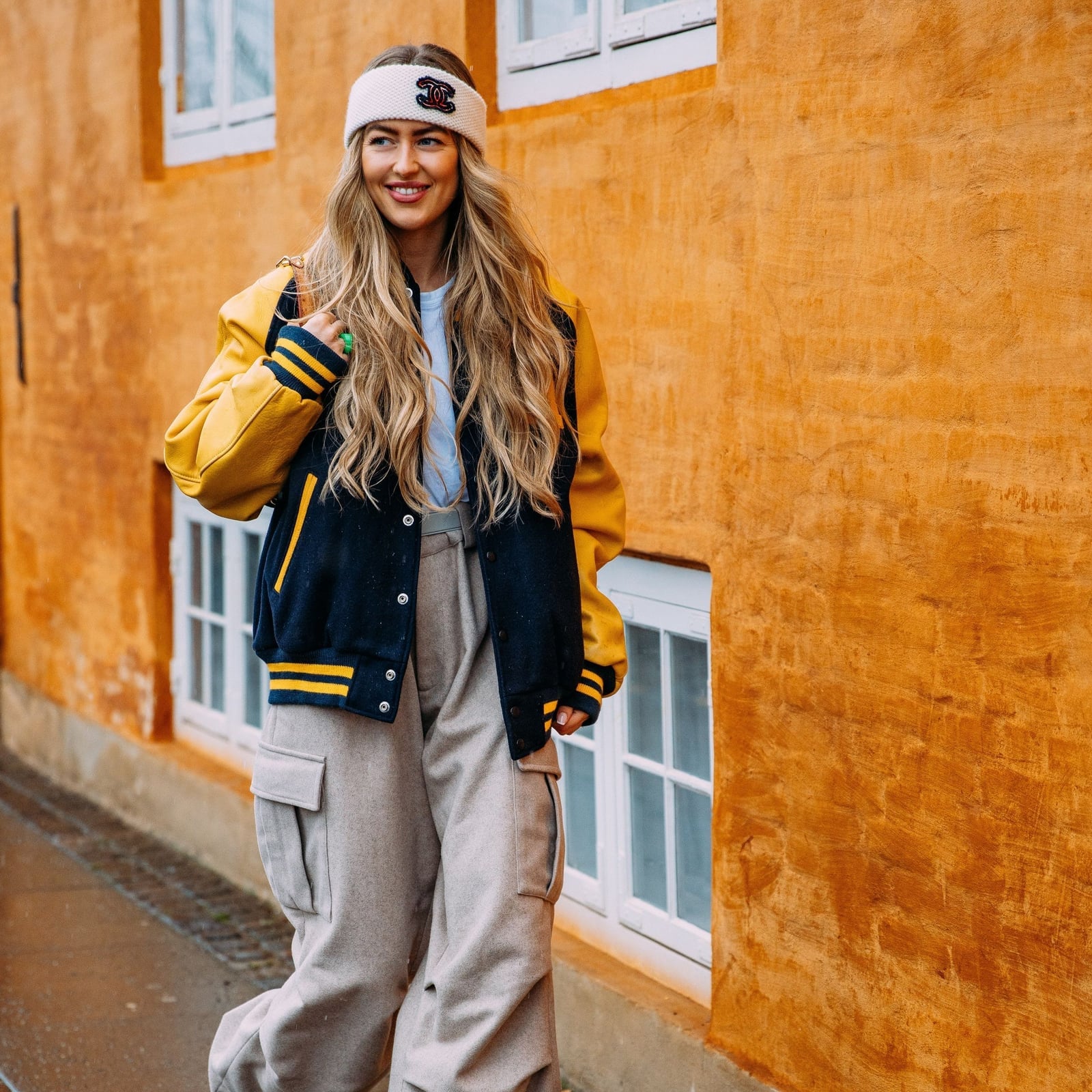 Yellow and Navy Varsity Jacket with T-Shirt and Cargo Trousers — Classy Varsity Jacket Outfits