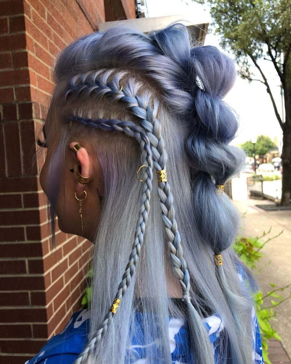 Blue Gray Ombre Braids With Gold Accents Blue Gray Ombre Braids With Gold Accents — Classy Viking Braids