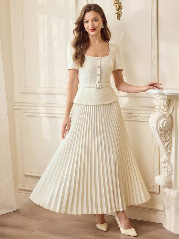 Cream Pleated Skirt Set for Formal Events Cream Pleated Skirt Set for Formal Events — Classy Vintage Outfits