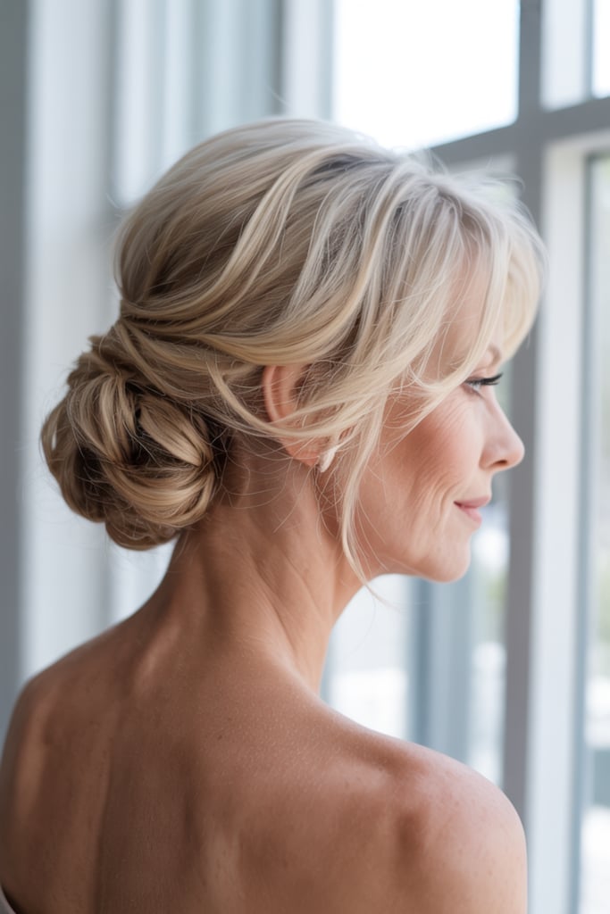 Blonde Twisted Low Bun With Wispy Bangs — Classy Volume Hair