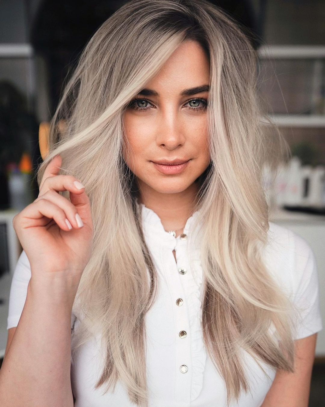 Ash Blonde Mid-Back Layers With Root Shadow and Curtain Bangs — Classy Volume Hair