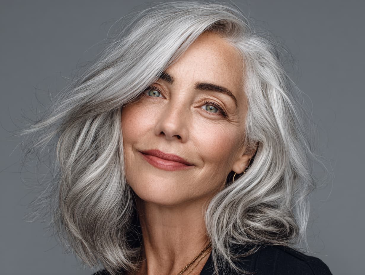 Voluminous Silver Gray Angled Bob Voluminous Silver Gray Angled Bob — Classy Volumizing Hair