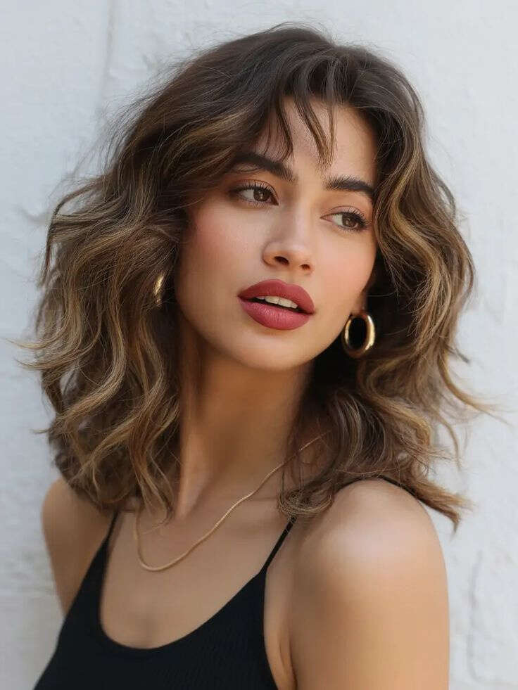 Collarbone Dark Brown Textured Waves With Curtain Bangs Collarbone Dark Brown Textured Waves With Curtain Bangs — Classy Wavy Hair Hairstyles