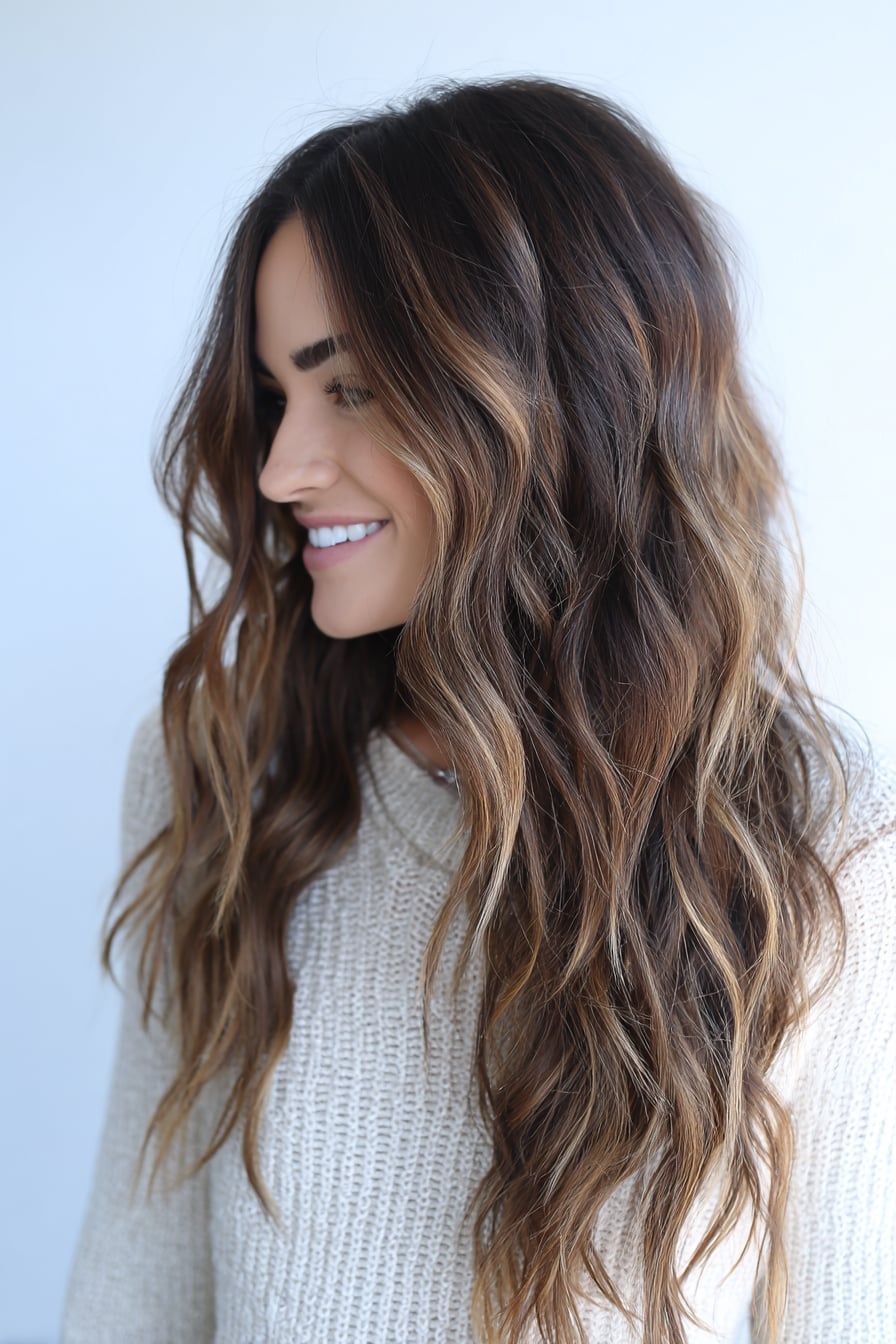 Side View Mid-Back Dark Blonde Balayage Side View Mid-Back Dark Blonde Balayage — Classy Wavy Hair Hairstyles