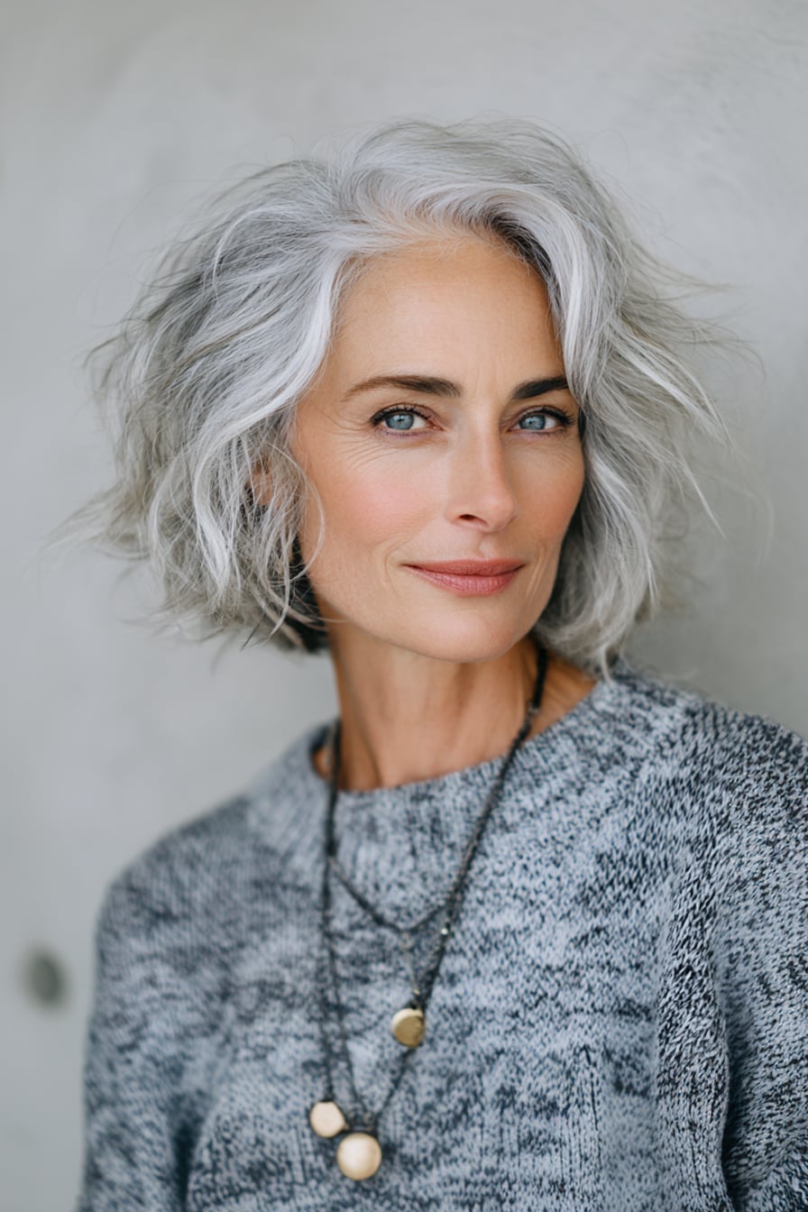 Collarbone Gray Bob With Silver Highlights Collarbone Gray Bob With Silver Highlights — Classy Wavy Haircuts