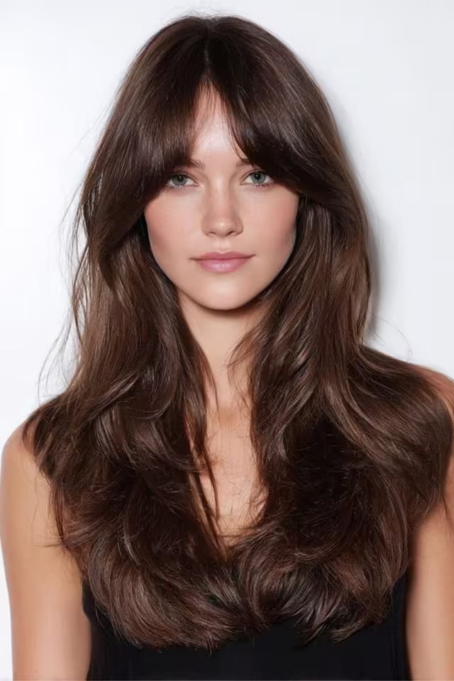 Air-Dried Dark Brown Layers With Curtain Bangs Air-Dried Dark Brown Layers With Curtain Bangs — Classy Wavy Haircuts