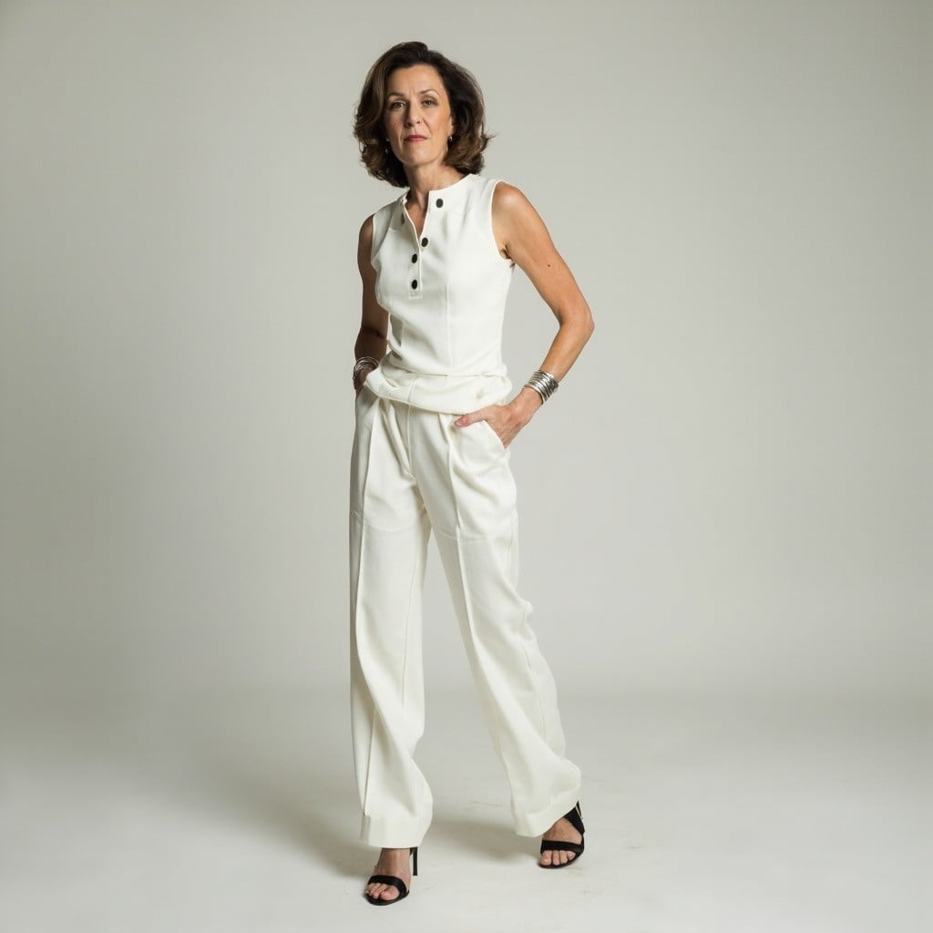 Sleeveless Top With Wide-Leg Trousers Sleeveless Top With Wide-Leg Trousers — Classy White Blouse Outfit