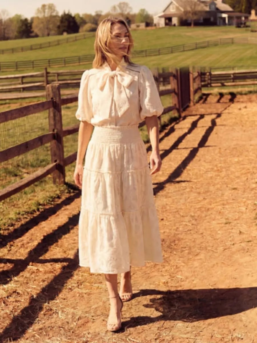 Puffed Sleeve Blouse With Tiered Skirt Puffed Sleeve Blouse With Tiered Skirt — Classy White Blouse Outfit
