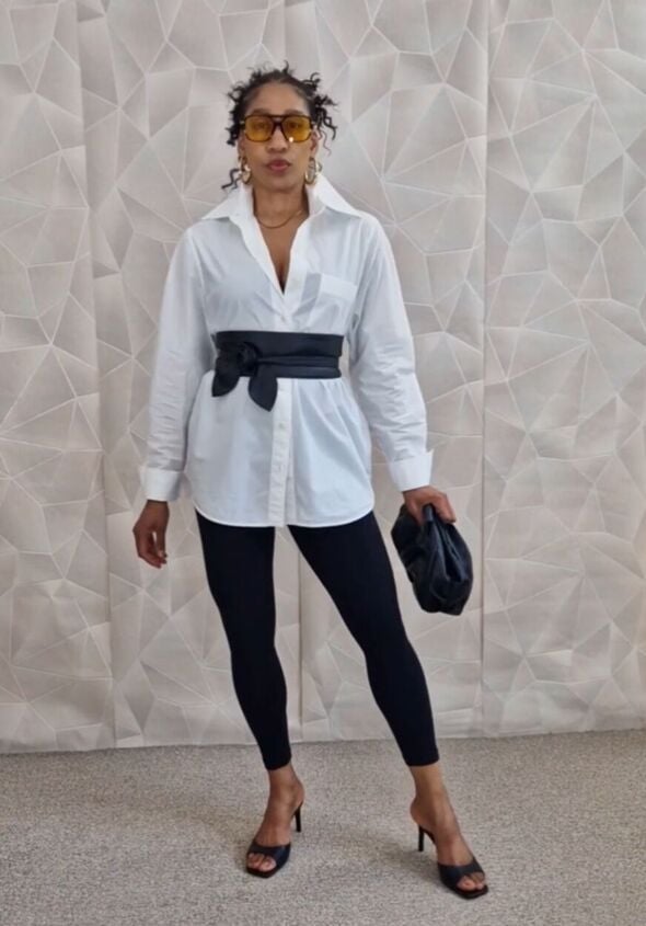 Oversized Shirt With Leggings And Obi Belt Oversized Shirt With Leggings And Obi Belt — Classy White Blouse Outfit