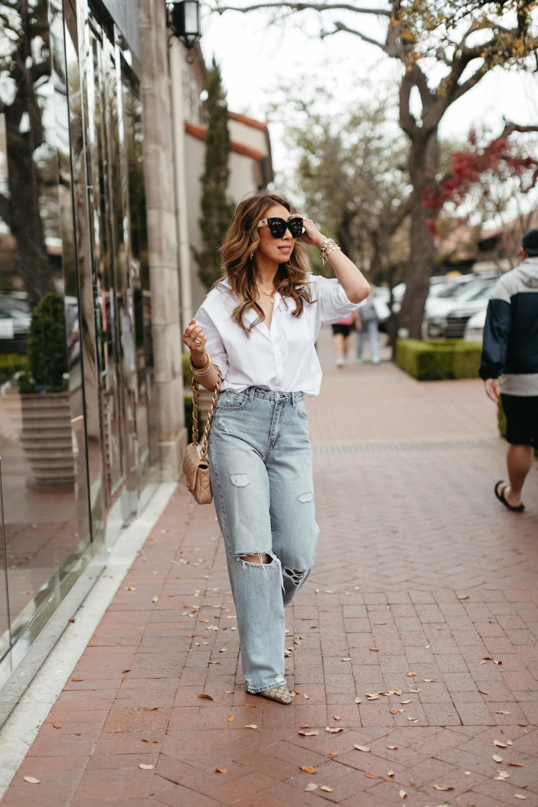 Button-Down Shirt With Ripped Wide-Leg Jeans Button-Down Shirt With Ripped Wide-Leg Jeans — Classy White Blouse Outfit