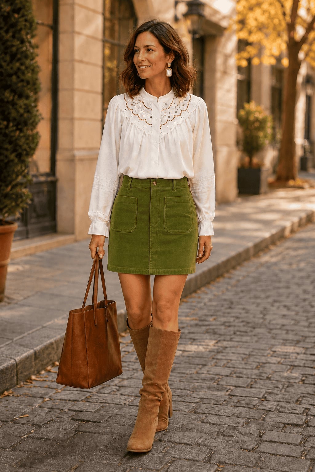 Embroidered Blouse With Corduroy Skirt Embroidered Blouse With Corduroy Skirt — Classy White Blouse Outfit