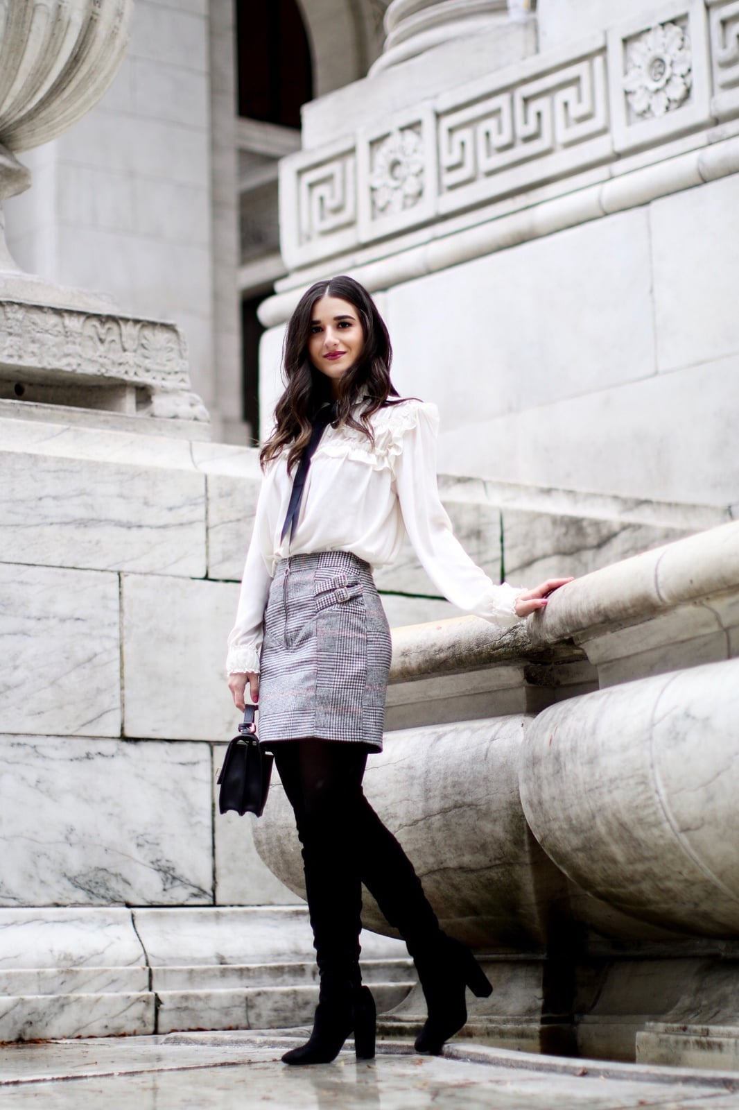 Ruffled Blouse With Plaid Mini Skirt Ruffled Blouse With Plaid Mini Skirt — Classy White Blouse Outfit