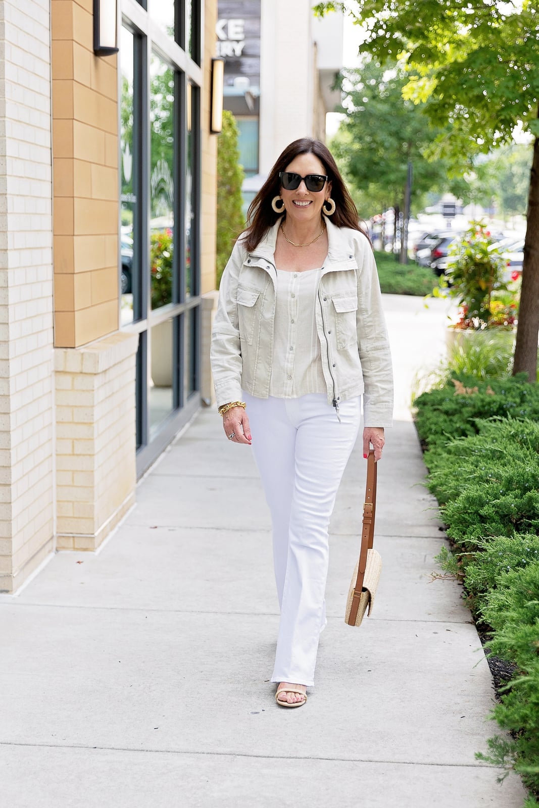 Striped Top With Beige Jacket Striped Top With Beige Jacket — Classy White Top Outfits