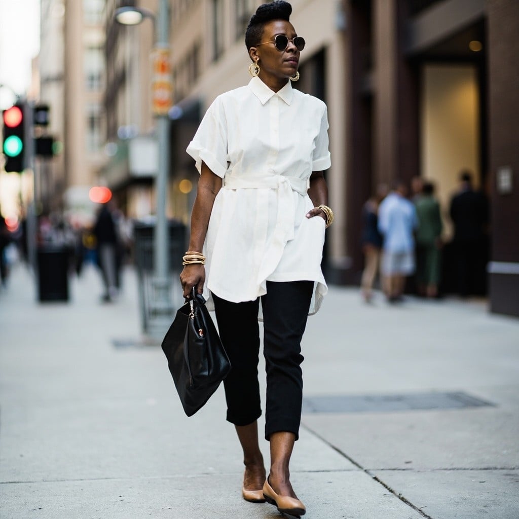 Belted White Shirt With Capri Pants Belted White Shirt With Capri Pants — Classy White Top Outfits